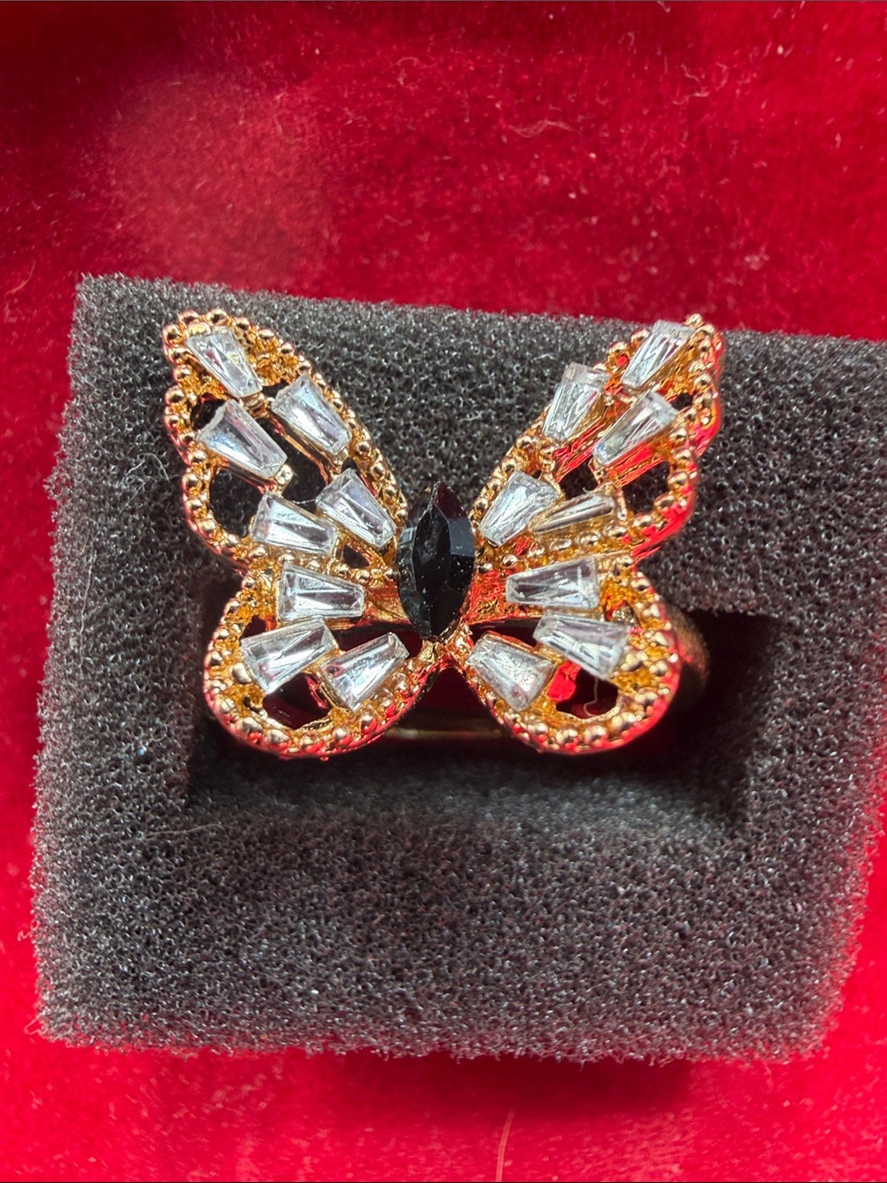 Gold Tone Butterfly Cocktail Ring with Clear and Black Accents, SZ 9- , (J296)